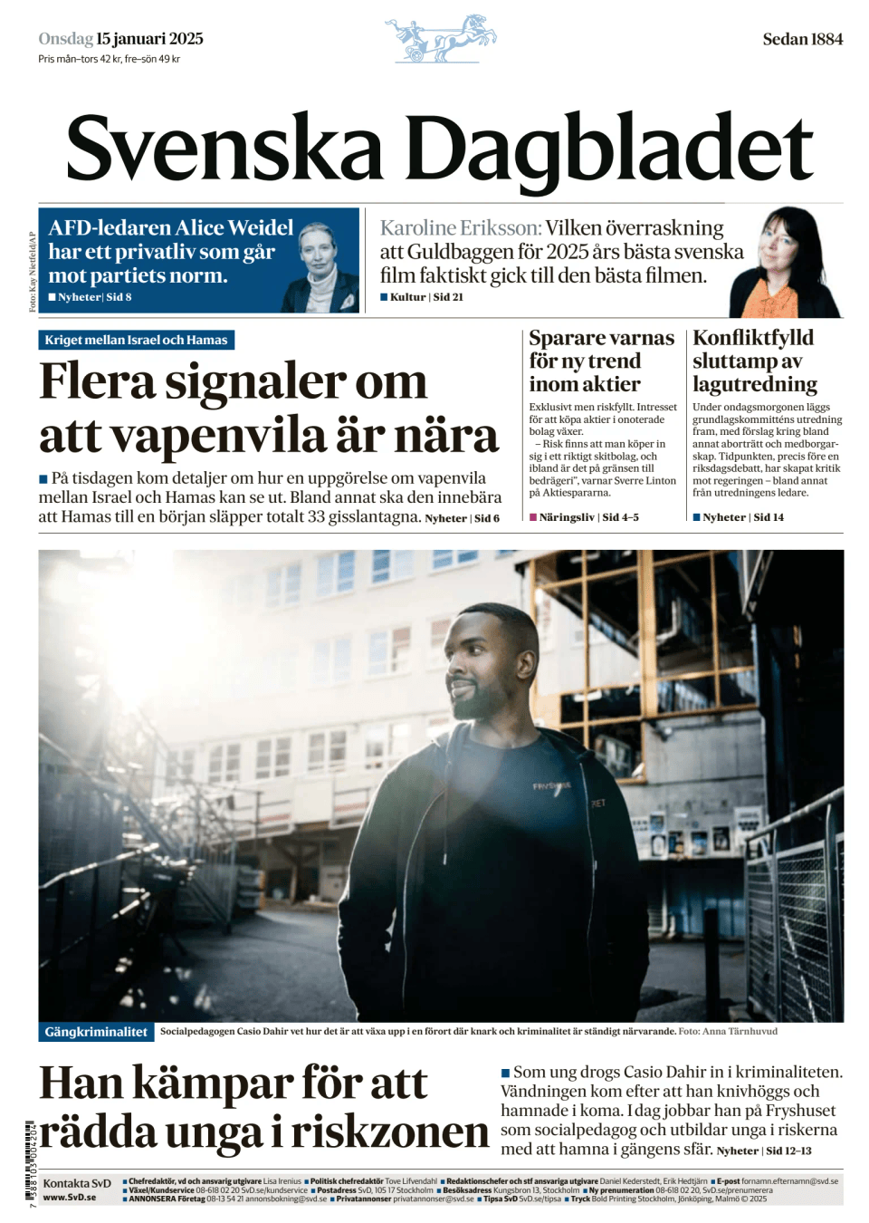 Prima-pagina-Svenska Dagbladet-edizione-di-oggi-20250115